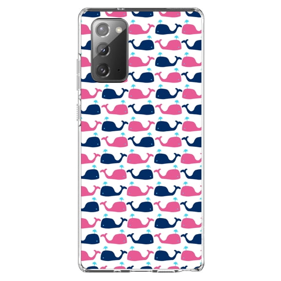 DistinctInk Clear Shockproof Hybrid Case for Galaxy Note 20 ULTRA (6.9" Screen) - TPU Bumper, Acrylic Back, Tempered Glass Screen Protector - Pink Navy Cartoon Whales - Cartoon Whales