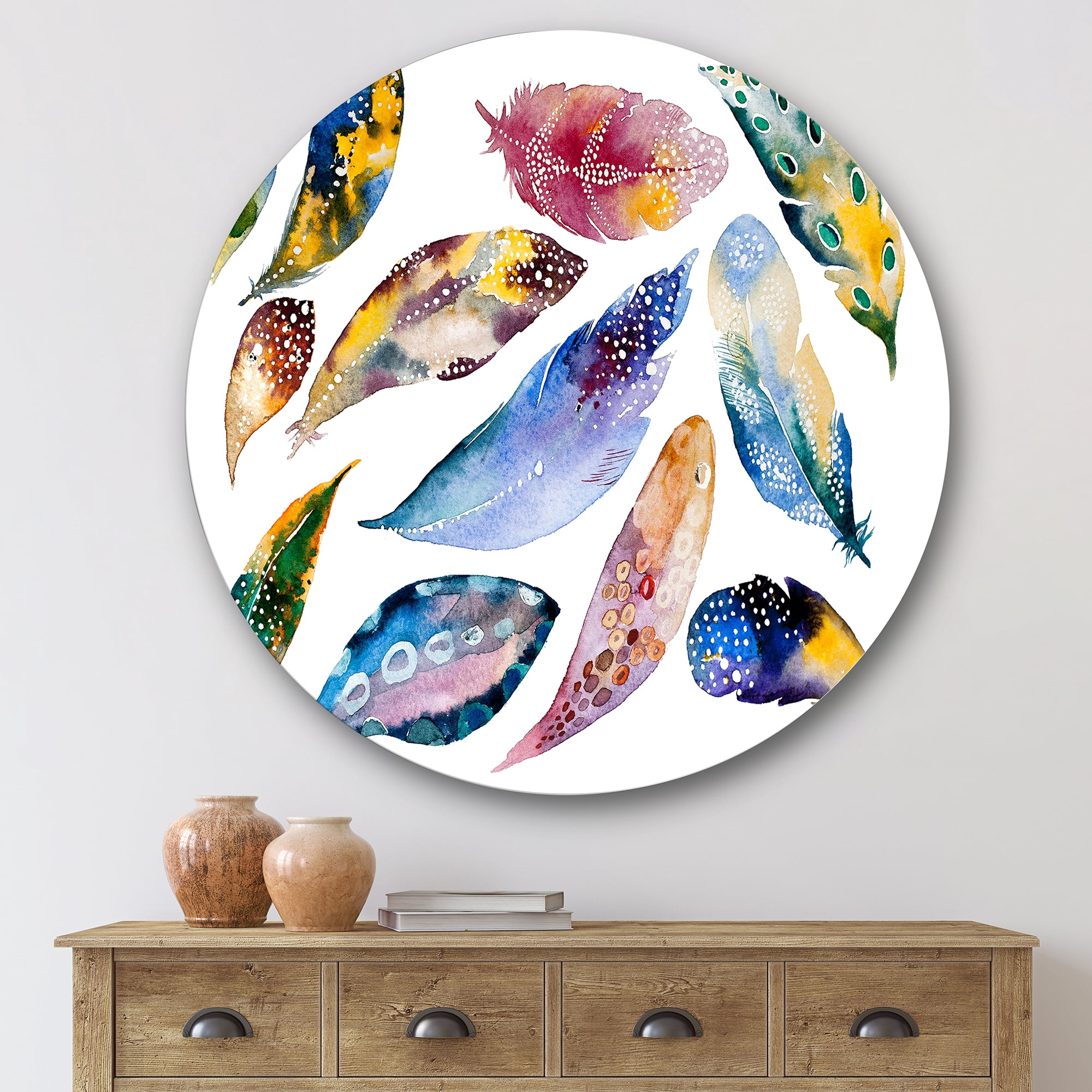 Designart 'Colourful Boho Feather Set On White VI' Bohemian & Eclectic Circle Metal Wall Art 29x29 - Disc of 29