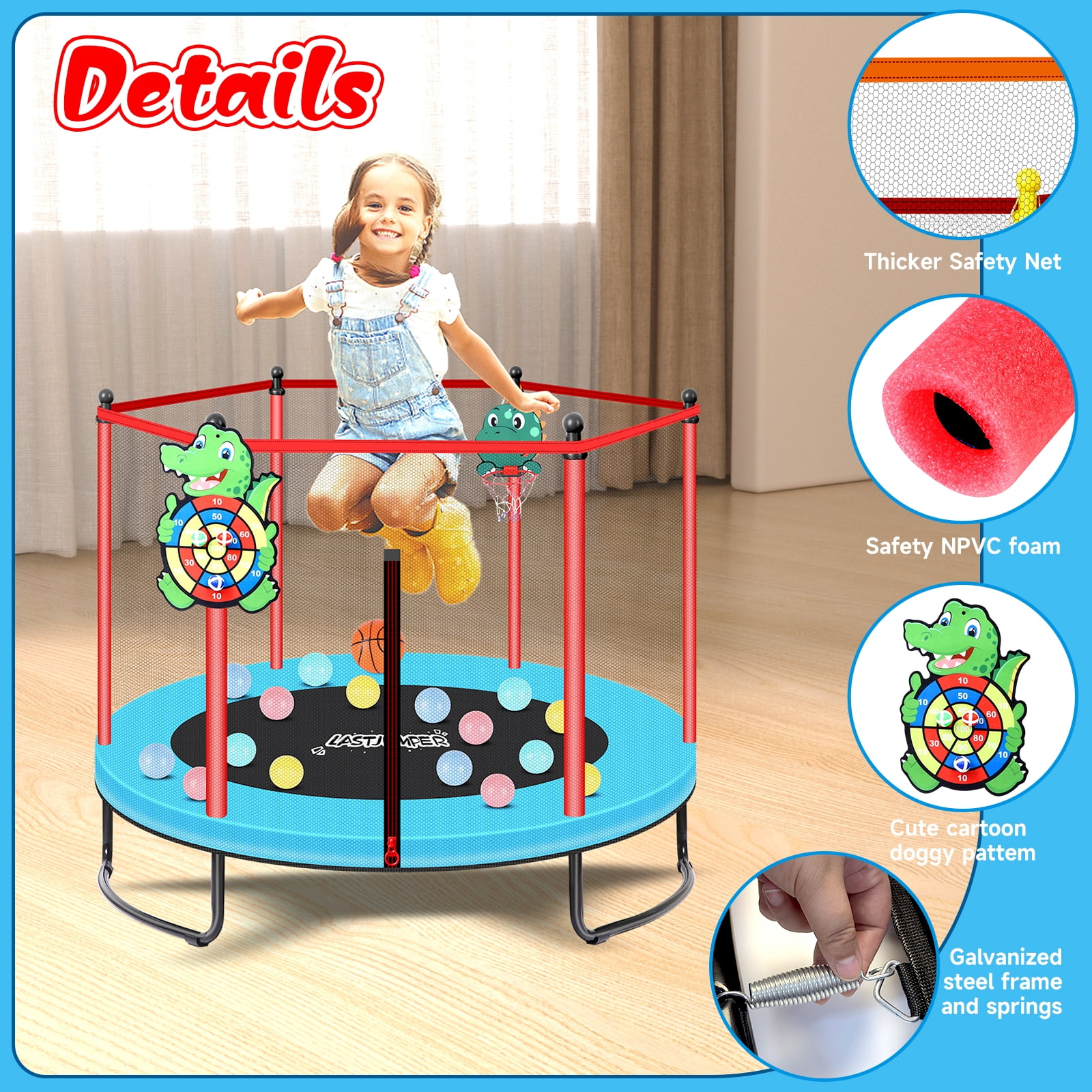 LASTJUMPER 5FT Trampoline for Kids, 60"Mini Indoor & Outdoor Small Toddler Trampoline with Basketball Hoop, Dart Board, Ocean Ball ,Baby Trampoline Toys, Birthday Gifts for boy,Blue