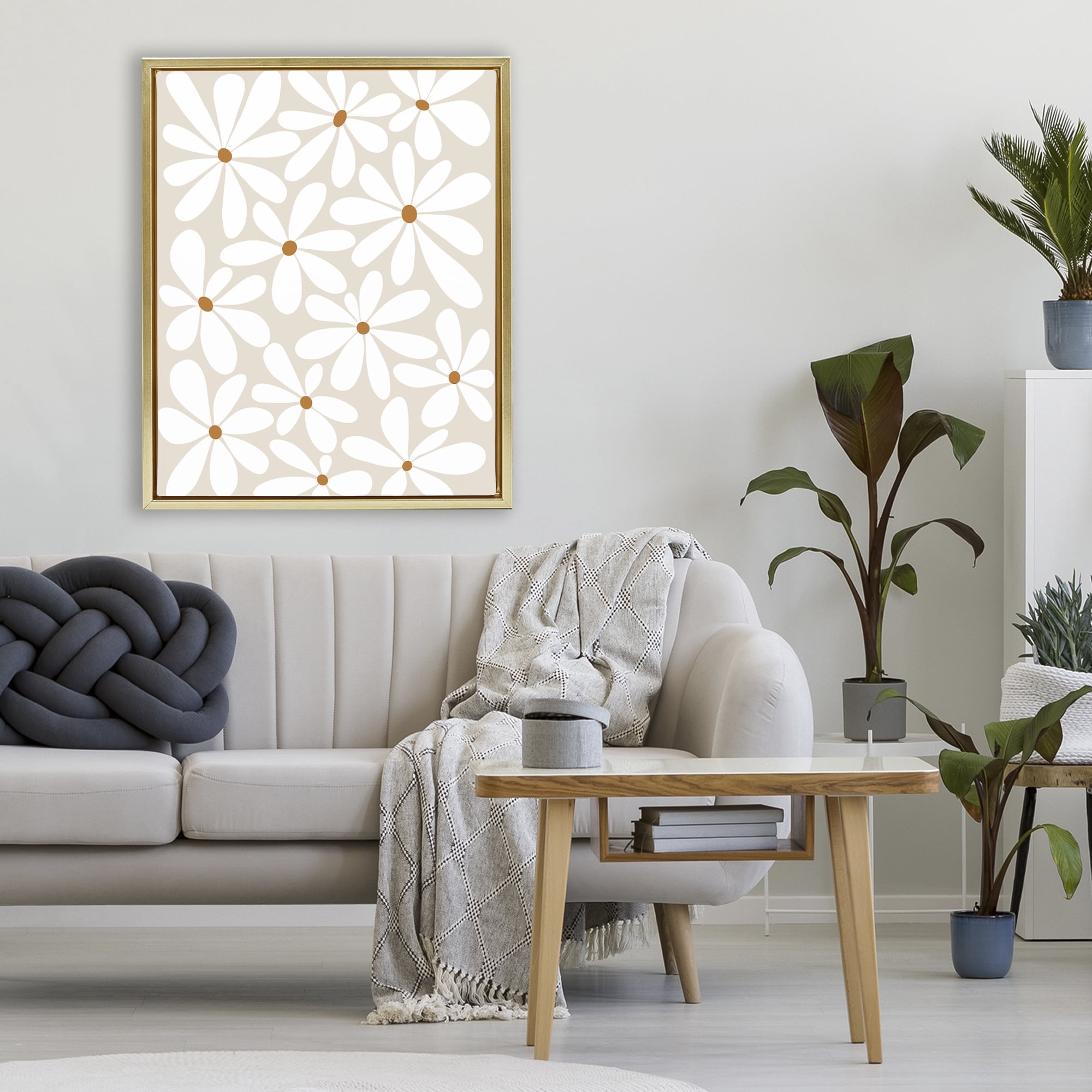 Stupell Industries Beige & White Daisies Gold Framed Floater Canvas Wall Art, design by Susan Ball