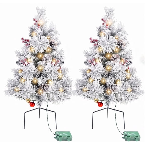 25.1in Artificial Christmas Trees Set of 2 Pre-Lit Mini Christmas Trees with 30 LED Lights, Bright Ball, Pine, Berries for Indoor Outdoor Decor
