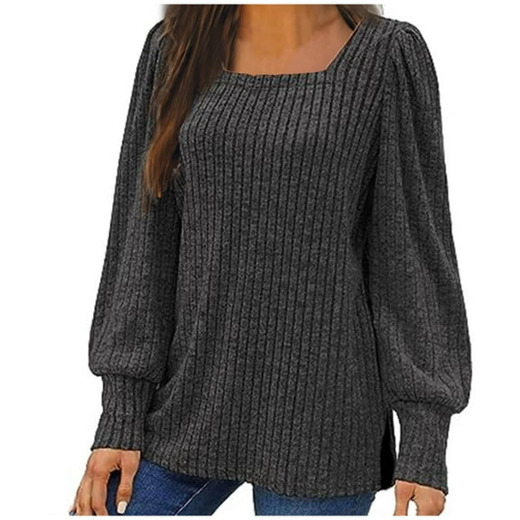 SEAOPEN Women's Sweaters Fashion Knitted Shirt Square Neck Side Split Pullover Top Long Sleeve Solid Color Blouses Fall Casual Blouse Today Black,XXL