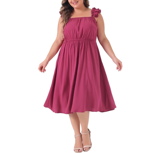 Vestido de Talla Grande GRACE & GRANDEUR para Mujeres con Mangas de Volante y Cintura Fruncida, Vestido de Playa de Línea A, Color Rosa Fucsia 1X