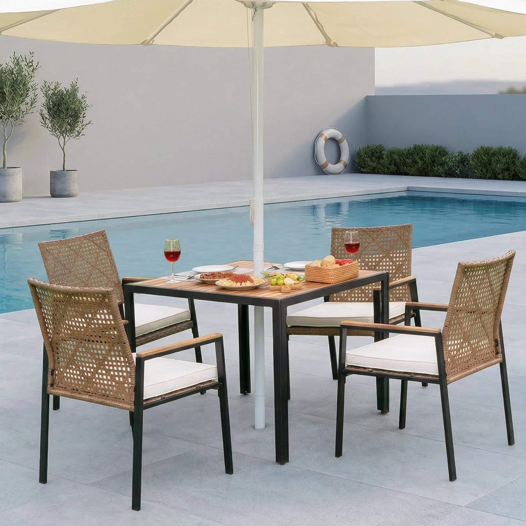 Leumius 5 Piece Patio Dining Set,All Weather Outdoor Dining Table Set with 4 Cushion Chairs,Patio Conversation Set with Acacia Wood Table Top and Umbrella Hole,Yellow