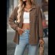thumbnail image 4 of Camisas de Punto Gofre con Botones para Mujer, Chaqueta Informal de Larga, Blusas Estilo Boyfriend, Corte Holgado Color Café L, 4 of 9
