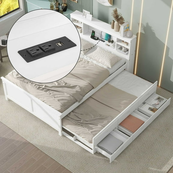 Bed Frame Full Size Platform Bed with Storage Headboard, USB, Twin Size Trundle and 3 Drawers, White