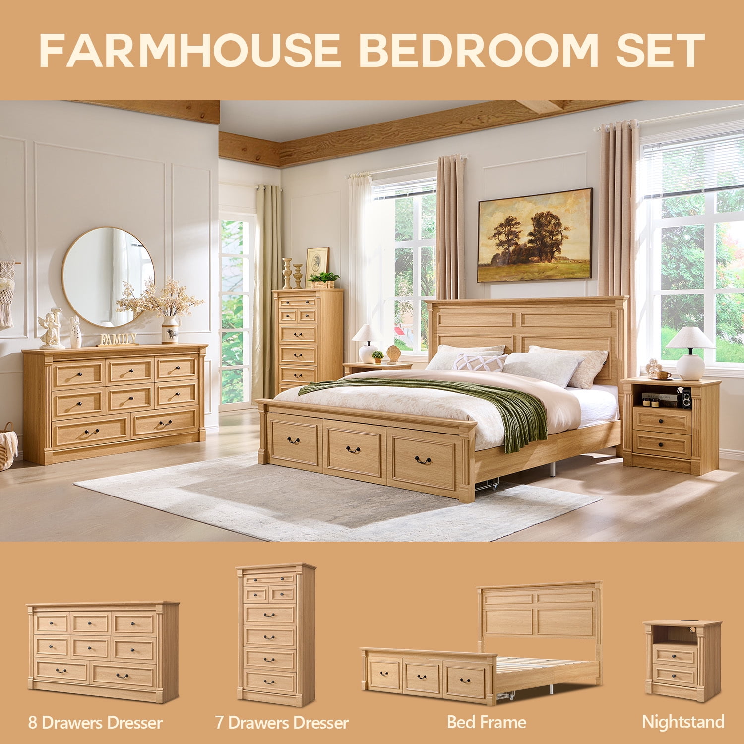 wow97e Farmhouse Nightstand set of 2, End Table w/Charging Station, Roman Column, Wood Rustic Bedside Table w/Open Shlef for Bedroom