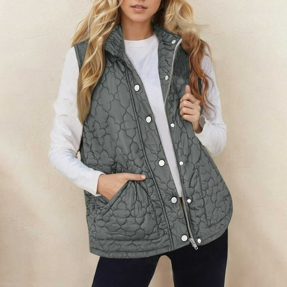 Ladies Winter Sleeveless Jackets, Womens Lightweight Quilted Padded Vests Button Zip up Stand Collar Warm Waistcoat Outwear Gilet with Pockets Gray 3XL