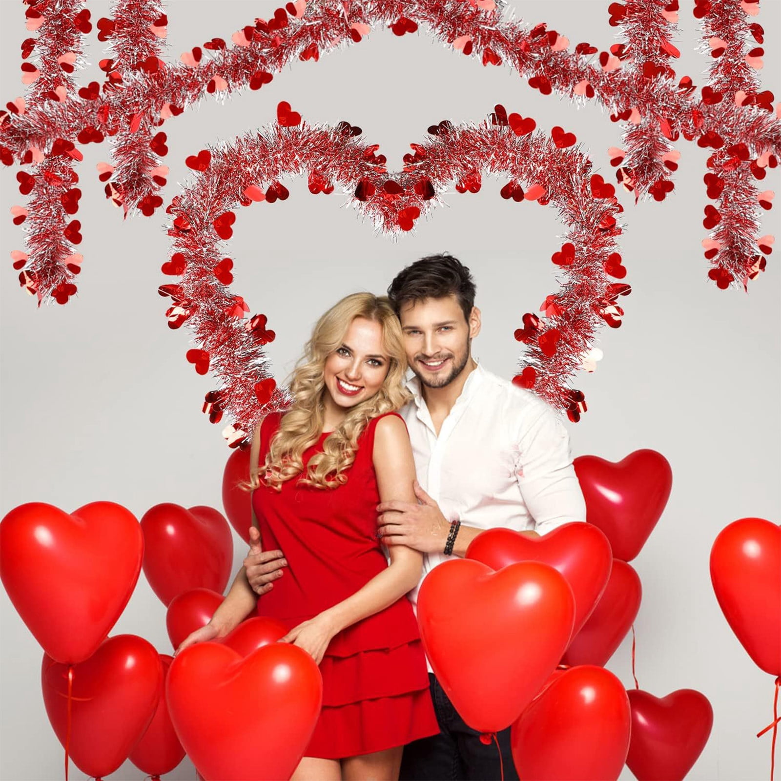 Valentines Day Garland, 16.4ft Red Pink Love Hearts Tinsel Garland, for Tree Indoor Bedroom Wedding Party Anniversary Birthday Decorations