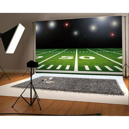 - HelloDecor Polyster 7x5ft Photography Backdrop Football Field Stage Lights Glitter Sequins Green Grass Interior Sports Theme Background Kids Children Adults Photo Studio Props