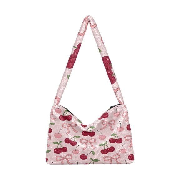 DIXRUYEE Cherry Bow Pattern Print Plush Shoulder Bag Soft Faux Fluffy Hobo Tote Bag With Zipper Closure Casual Lightweight Crossbody Handbag