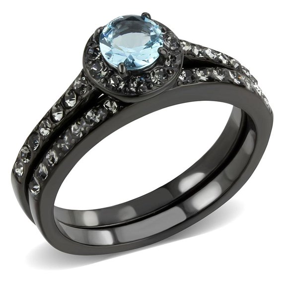 IP Black(Ion Plating) Stainless Steel Ring with Synthetic Synthetic Glass in Sea Blue for Women Sea Blue Stone Color Style TK3634 Size 10