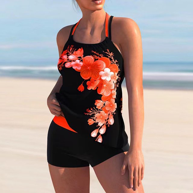 Traje de baño para mujer Moda Estampado floral Cordón Cordón Cordón cruzado Trajes de baño de dos piezas Naranja 3XL