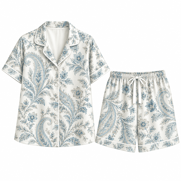 MERIVANE Blue Paisley All-over Print Satin Pajama Set Short-Sleeve, Floral Lounge Sleepwear