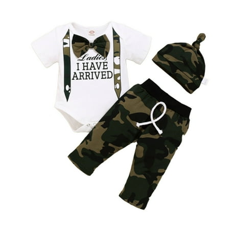 

3Pcs Newborn Boy Romper Tops +Long Pants Camo Hat Outfits Clothes Set 0-18M