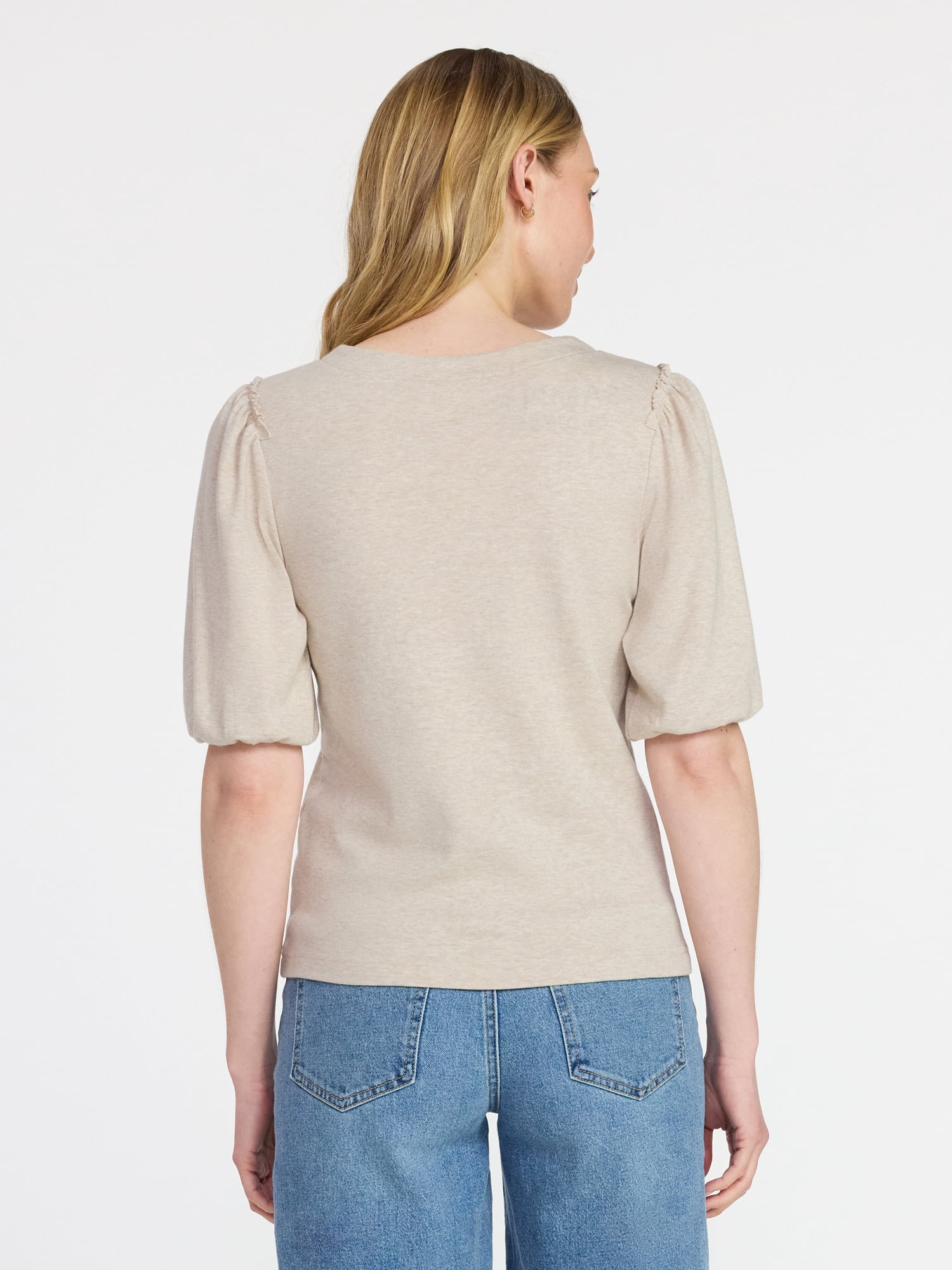 Time and Tru Women's Cotton Crewneck Tee with Puff Sleeves, Sizes XS-XXXL