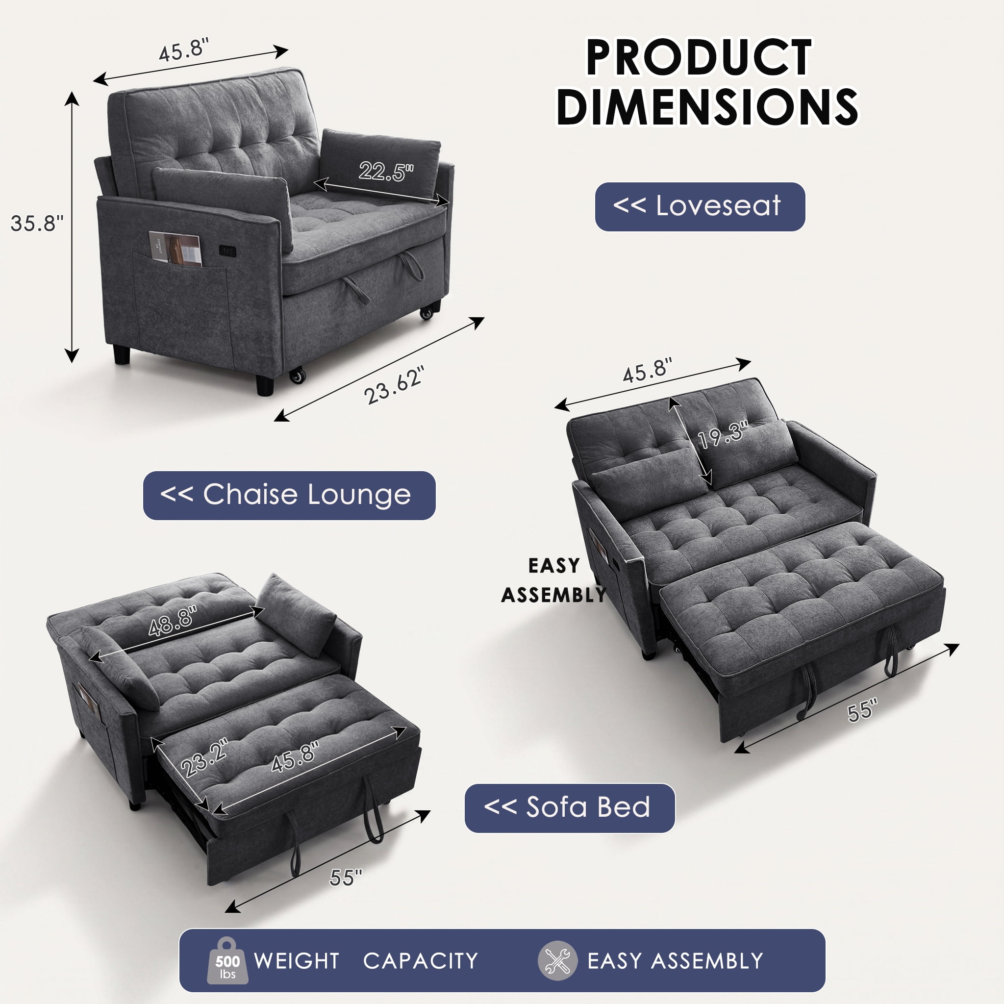 Anpport 54" 3‑in‑1 Convertible Sofa Bed, Towel Fabric, 3‑Position Adjustable Backrest with USB Charging Ports, for Living Room, Apartment, Dark Gray