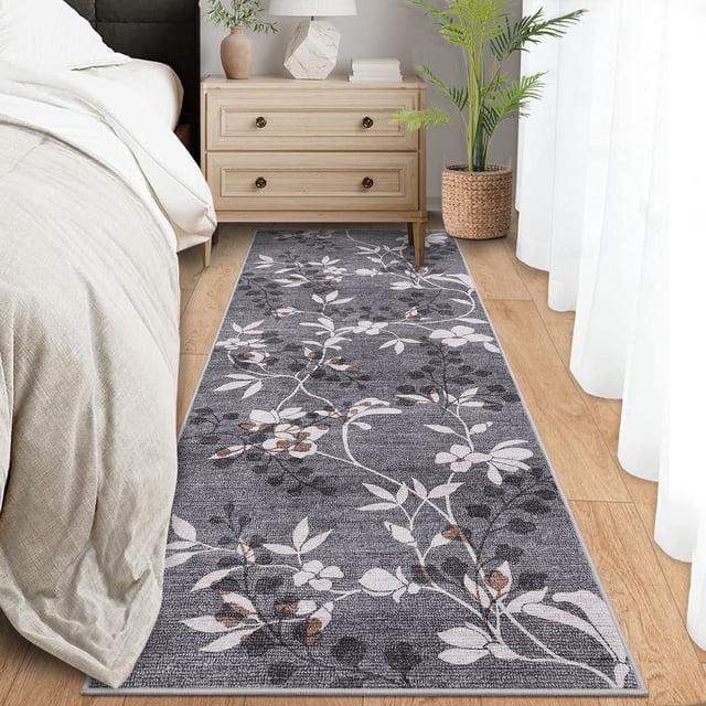 Garvee 2'x6' Modern Runner Rug Washable Floral Accent Carpet with Non-Slip Backing, Stain-Resistant Soft Rugs Low Pile Floor Mats, Botanical Print Rug for for Entryway, Hallway, Kitchen, Grey