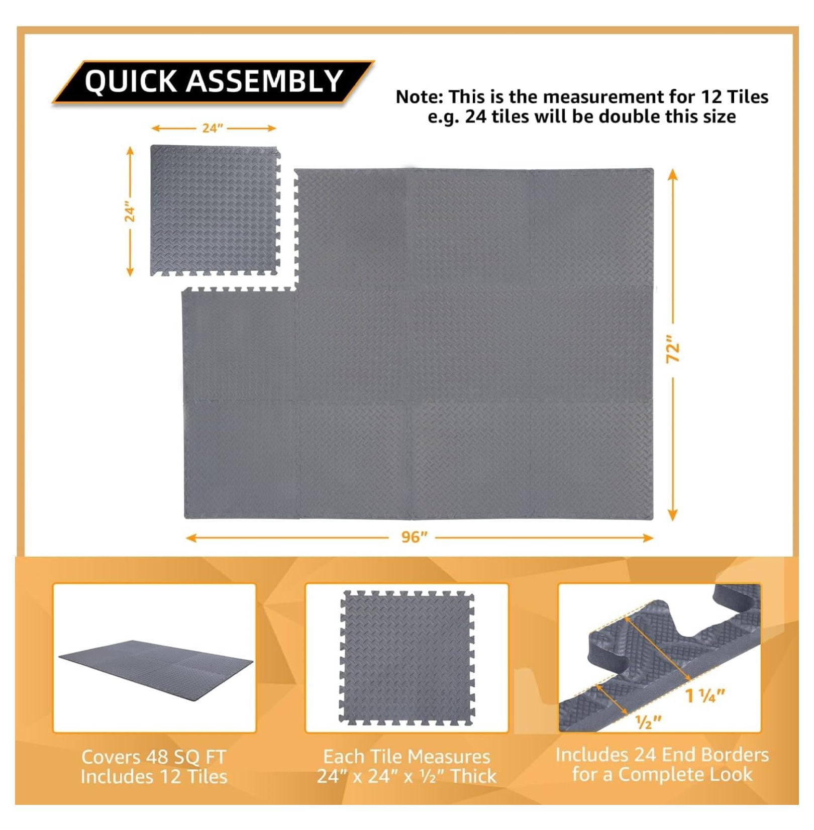 12 Pack, SQFT - 24" x 24" - 1/2" Extra Thick Floor for Home Gym or Floor Padding - High-Density Interlocking Foam Floor Tiles for Gym Equipment, Play Area | Yoga, Cardio, Weights