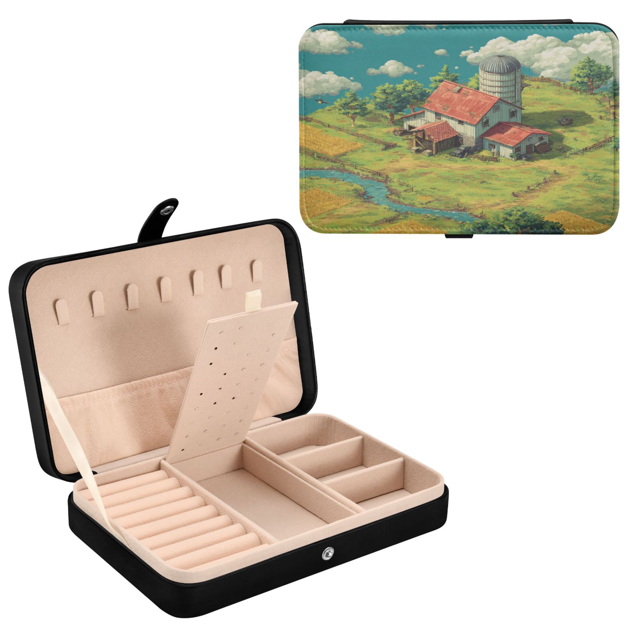 Leather Jewelry Box Rectangular 8.27x5.5x1.78In Travel Jewelry Storage Earrings Necklace Bracelet Watch Brooch Storage Cute Farm