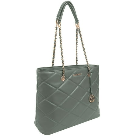 Ellen Tracy Chain Faux Smooth Leather Quilted Tote 104-Sage