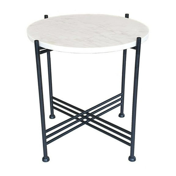 Marble Top Accent Table - White & Black - 16" Round Table for Living Room, Entryway, Bedroom