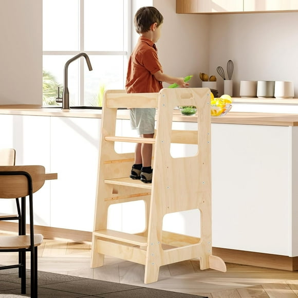 Standing Toddler Tower with Safety Rail, 3-Level Height Adjustable Kitchen Step Stool Helper for Kids, Learning Tower for Bathroom & Kitchen Counter