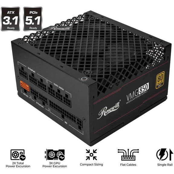 Rosewill VMG 850W 80+ Gold, ATX 3.0 & 3.1 Compatible, Full Modular Low-Noise Power Supply, PCIe 5.1 12V-2x6 Connector, 100% Japanese Capacitor, 120mm FDB Silent Fan - 5 Year Warranty - VMG850
