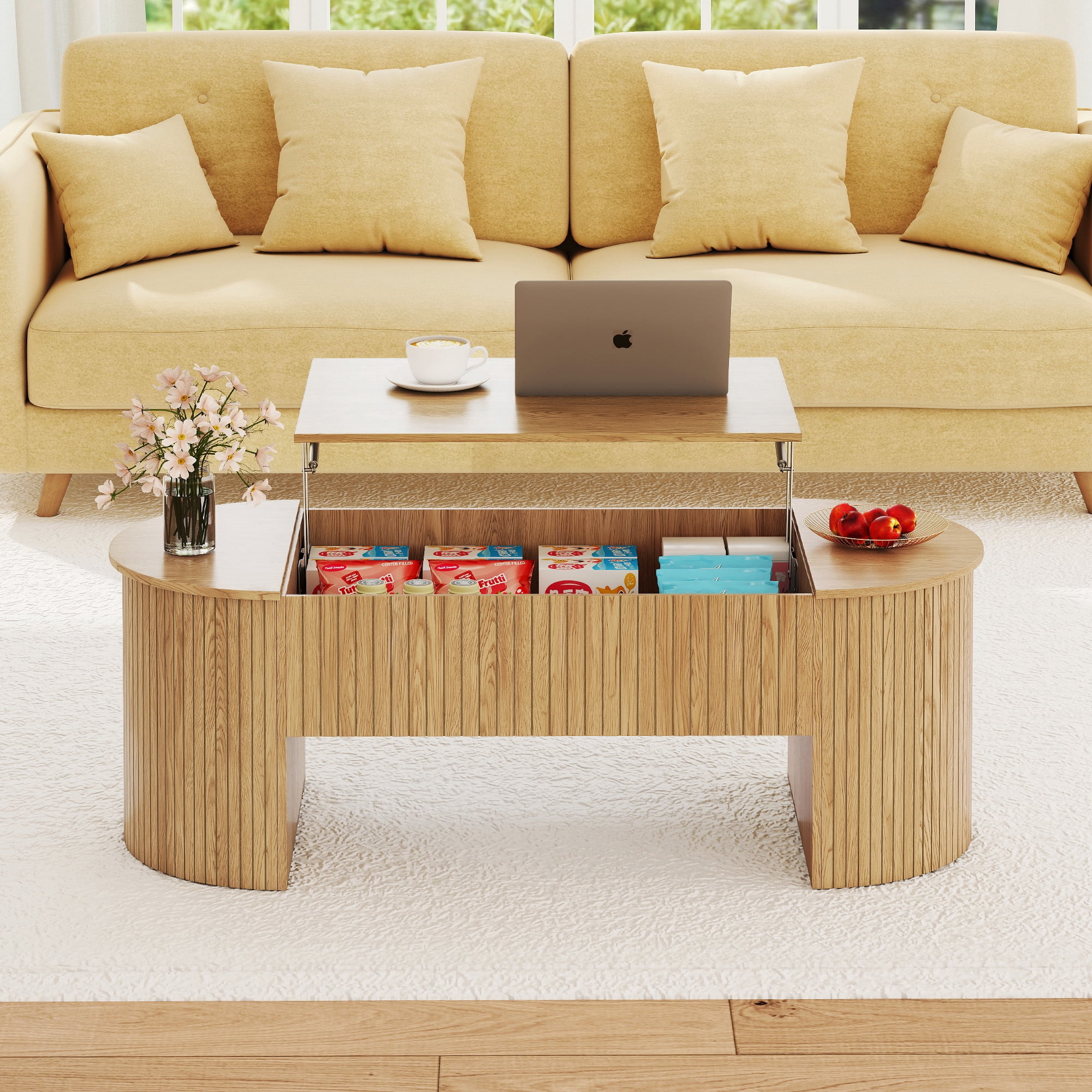 Lift Top Coffee Table with Storage, Oval Center Table with Hidden Compartment, Modern Coffee Table for Living Room, Wood