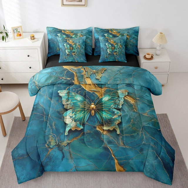 YST Ensemble de Literie Boho Papillon 7 Pcs pour Lit Simple pour Filles Femmes, Ensemble de Couette Marbre Sarcelle et Or Réversible, Dégradé Abstrait Lit en Sac avec Drap-Housse, Drap Plat, Taies d'Oreiller et Couvre-Oreillers