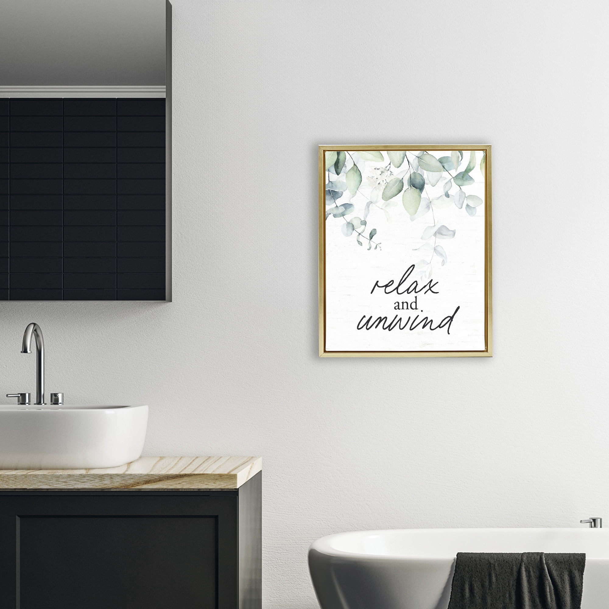 Relax And Unwind Herb Leaves Gold Framed Floater Canvas Wall Art, design by Lettered and Lined