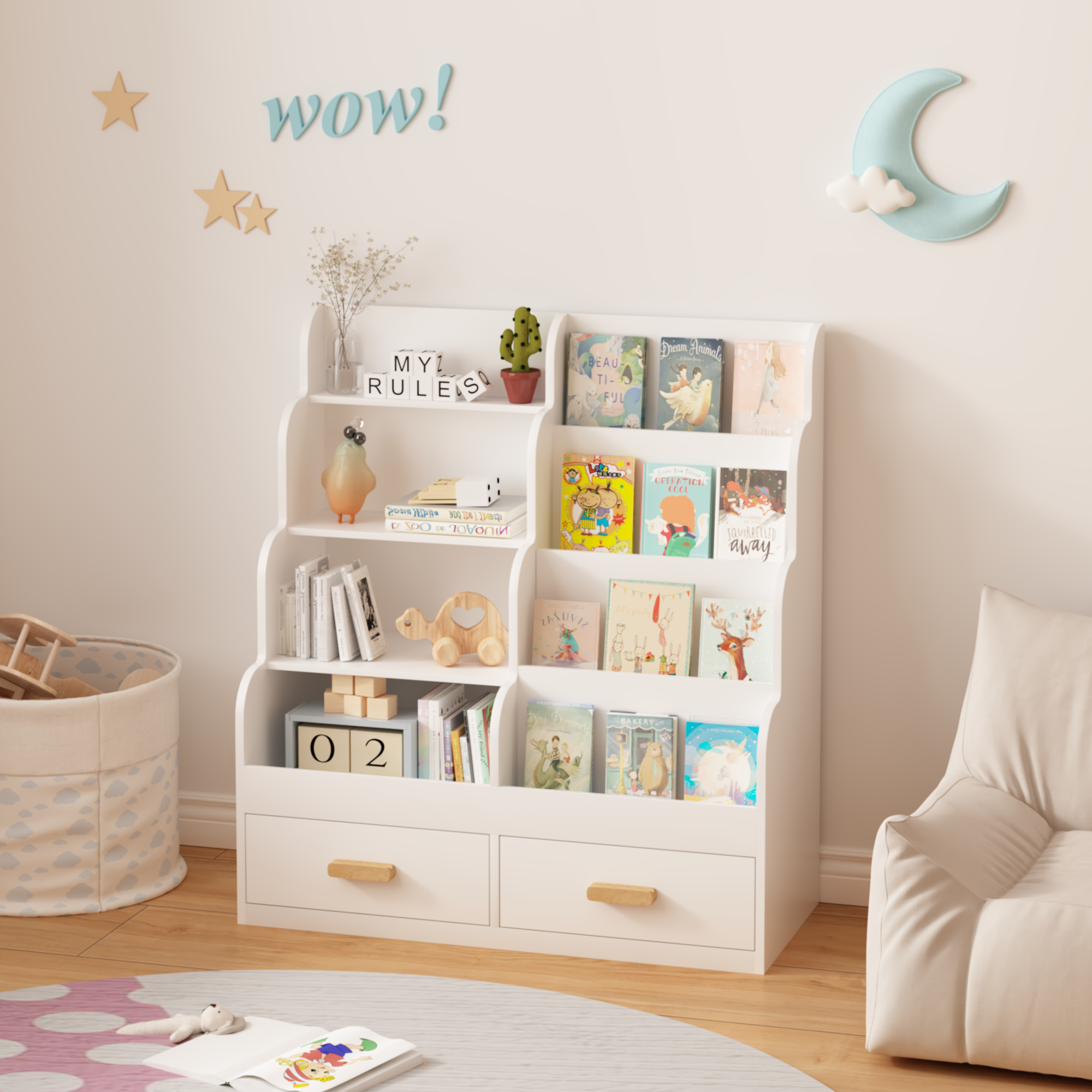 Kids Furniture Kids Bookshelf with 2 Storage Drawers, Front-Facing Children's Bookcase and Toy Organizer, Multi-Tier Reading Shelf for Toddlers, Playroom, Bedroom, or Nursery - White,Baby Nursery Fu