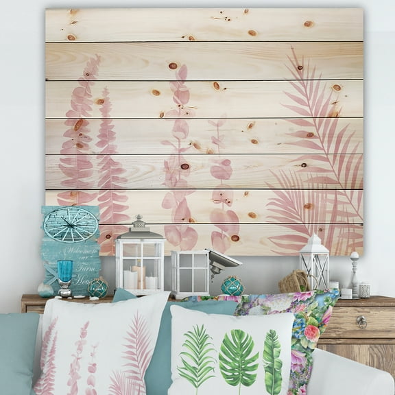 Designart 'Palm Branches and Blush Pinkeucalyptus' Shabby Chic Print on Natural Pine Wood