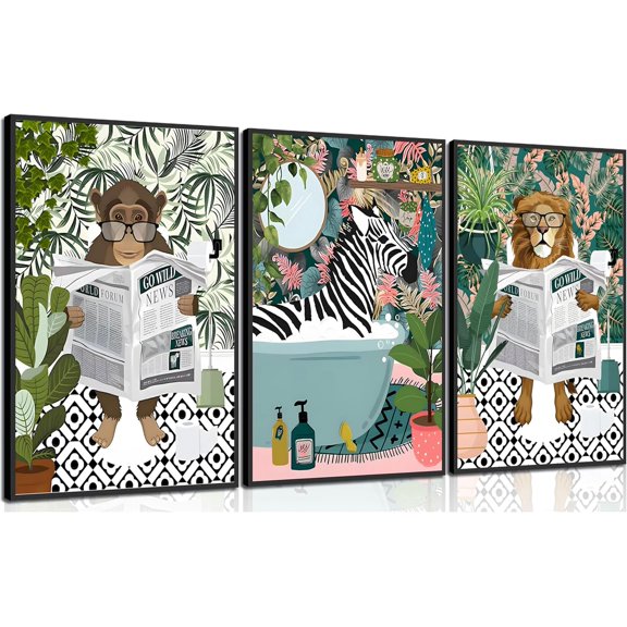 3Pcs Jungle Animal Bathroom Canvas Wall Art Zebra in Bathtub Pictures Lion Monkey on Toilet Reading Newspaper Paintings Funny Forest Animal Posters Prints for Restroom Wall Decor(only canvas)