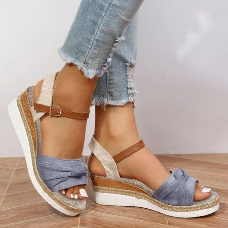 

MPWEGNP Sandals Women Color Block Knot Detail Espadrille Ankle Strap Wedge For Casual Open Toe Roman Platform Slides Shoes