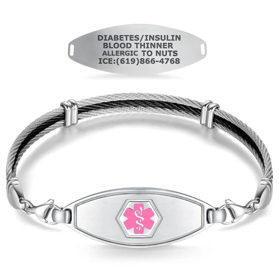 Divoti Medical Alert Bracelets for Women, Custom Engraved Matte Steel Medical ID Bracelet,w/Trio Black Cable Chain — Pink/8"