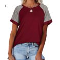 thumbnail image 2 of T-Shirt pour Femmes à Manches Courtes Color Block, Col Rond, Blouse Décontractée, Rouge Vin, L, 2 of 6
