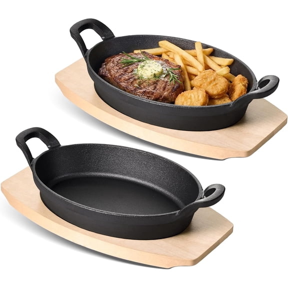 Oval cast iron cooking set, equipped with wooden tray - double-handle design | Heavy-duty frying pan | Multi-functional kitchen set (2)