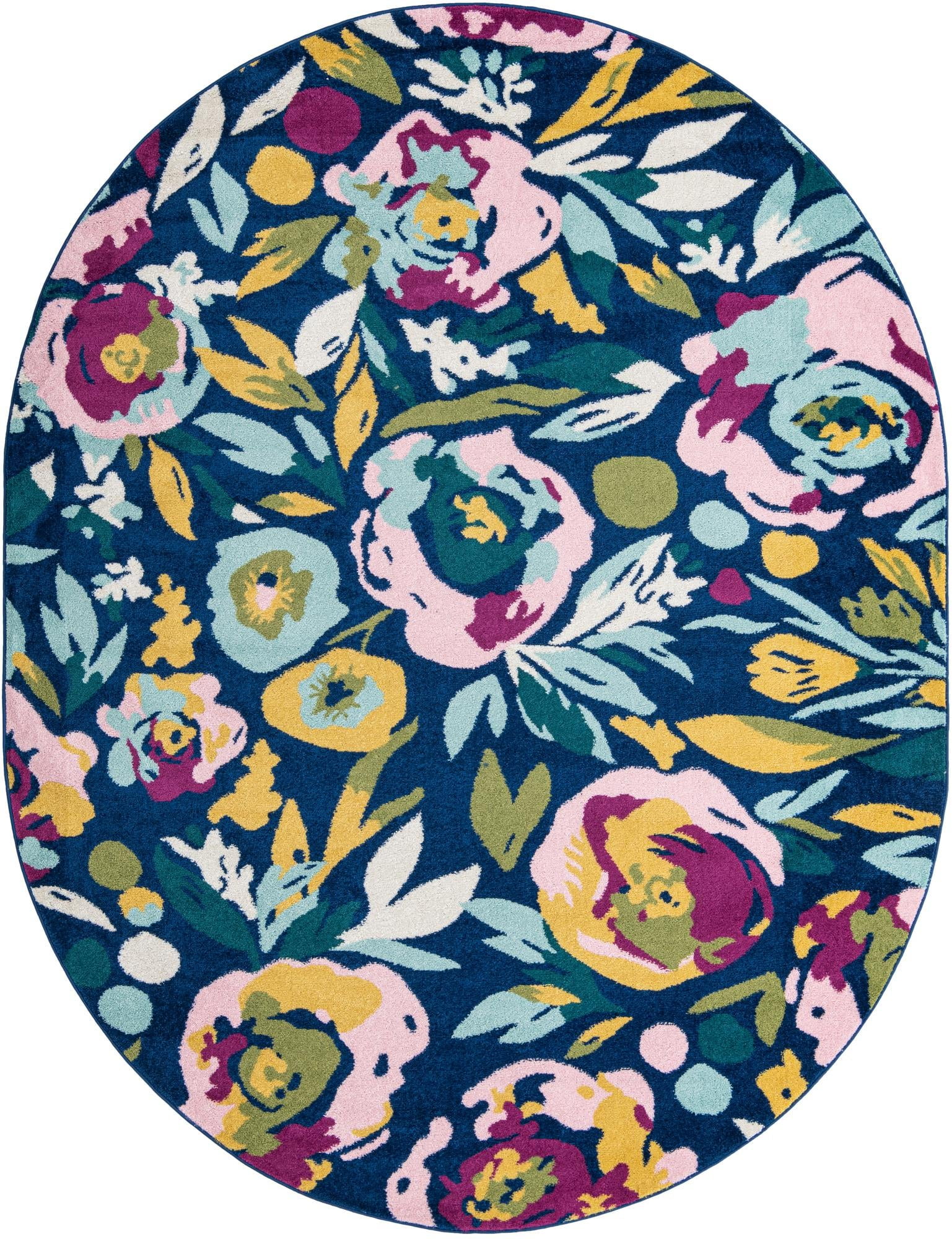 Bloom Collection Rug 8' x 10' Oval Navy Blue MediumPile Rug