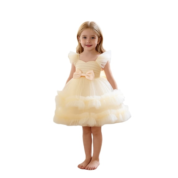 Xijirk Girls Dresses,Girls Party Dress With Bow Tiered Skirt Flutter Sleeves Formal Occasion Performance Tutu Gown,Dresses for Girls,Yellow,9-12 Months