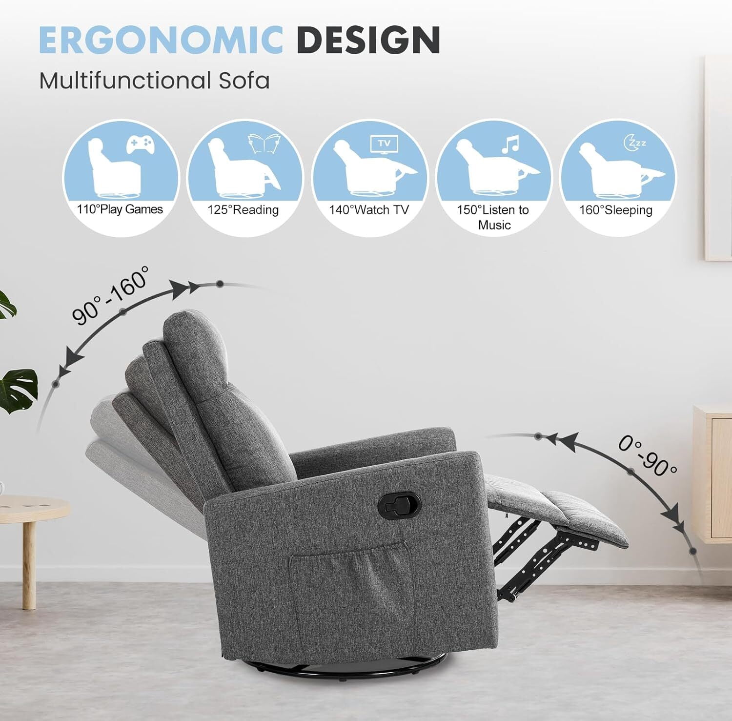 AENKYO Recliner Chair Swivel Rocking for Living Room, Glider Rocker with Extra Large Footrest - Gray