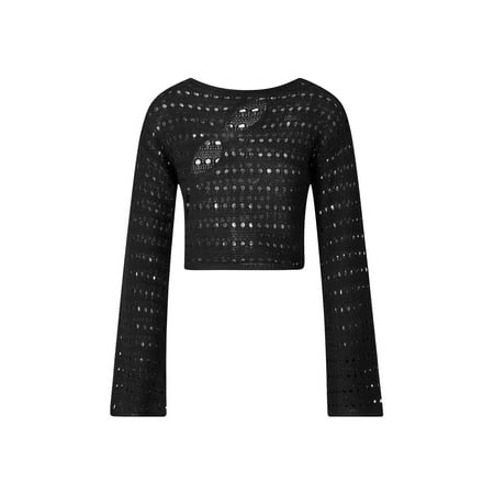 SANSIWU Women Crochet Open Knit Sweater Bikini Cover Up Y2k Long Sleeve Knitted Crop Top Hollow Out Shirt