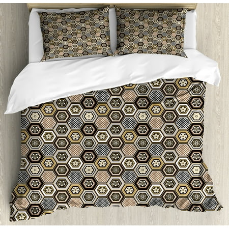 Victorian Duvet Covers Floral King Size Duvet Cover Set, Victorian Damask Baroque Hexagon Rococo Interlocking Abstract Design, Decorative 3 Piece Bedding Set with 2 Pillow Shams, Pale Coffee Tan Warm Taupe, by Ambesonne ()