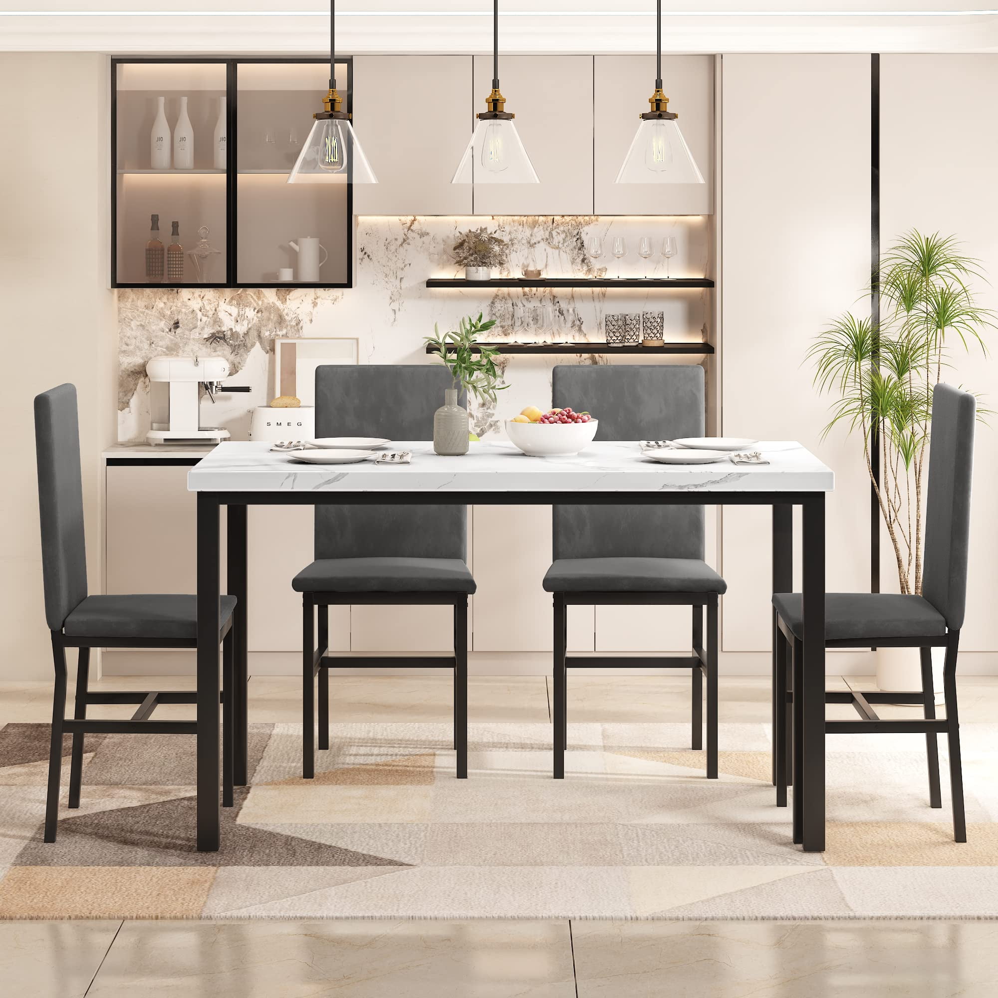 AWQM Dining Table Set for 4, 5-Piece Modern Dining Room Table Set with 4 Velvet Chairs, Marble Kitchen Table and Chairs Set, White+Grey