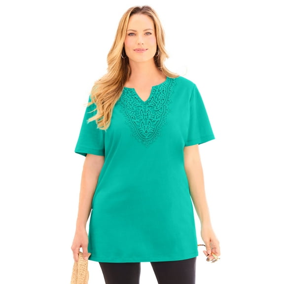 Catherines Women's Plus Size Easy Fit Embroidered Notch-Neck Tunic