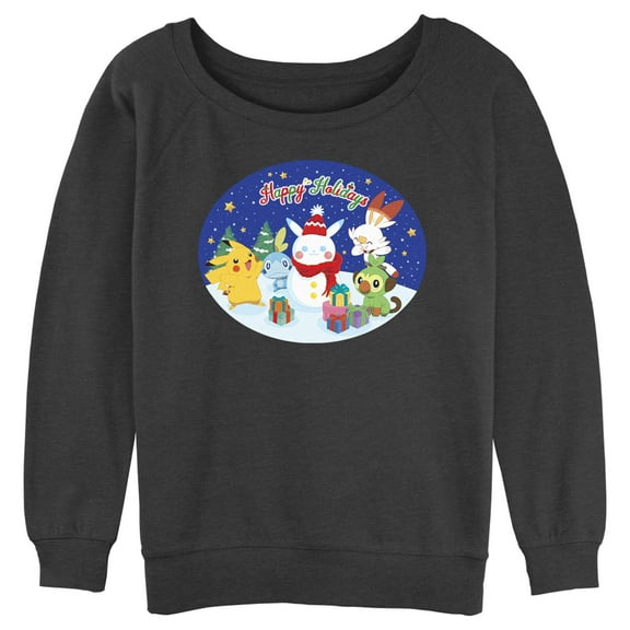 Junior's Pokemon Happy Holidays Snowman Pikachu Sweatshirt Charcoal Heather 2X Large