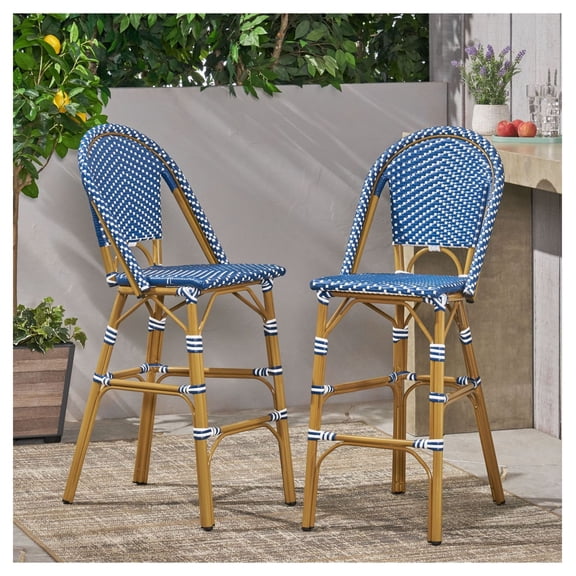 Outdoor Rattan Bar Stools 2-Pack, 29.5" Seat Height, Dark Teal & White, Aluminum Frame, Bamboo Finish
