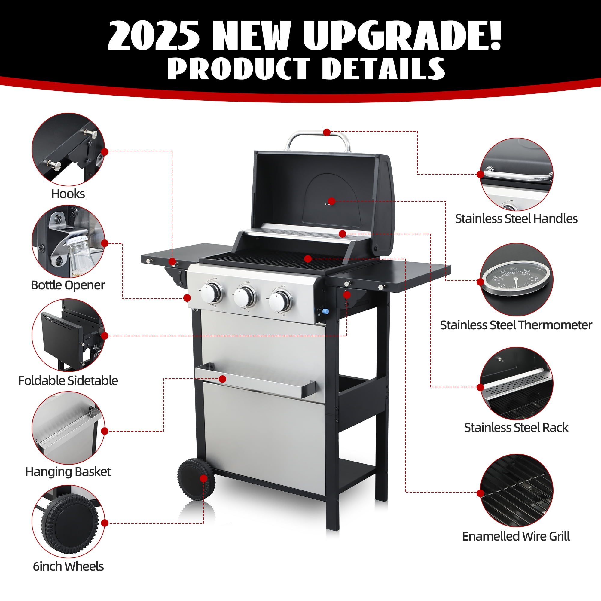 Nice Cooker 3-Burner Propane Gas Grill with 2 Foldable Side Tables, 25650 BTU Outdoor BBQ Grill with Porcelain-Enameled Grates, Built-in Thermometer