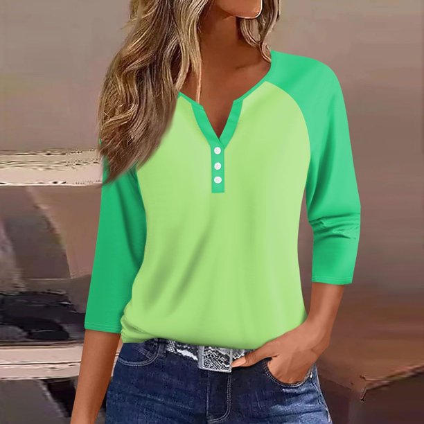 Fiudx Ofertas de La Semana Blusas Estampadas con Bloques de Color Informales para Mujer, Top con Cuello En V y Botones, Manga 3/4, Hombro a Manga