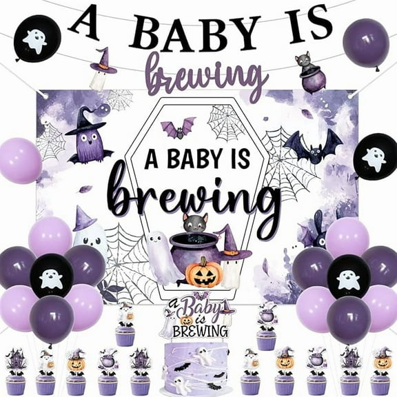 Purple Halloween Baby Shower Decorations A Baby Is Brewing Banner Backdrop Ghost Bat Pumpkin Cupcake Cake Toppers Halloween Boo Is Brewing Party Supplies for Kids